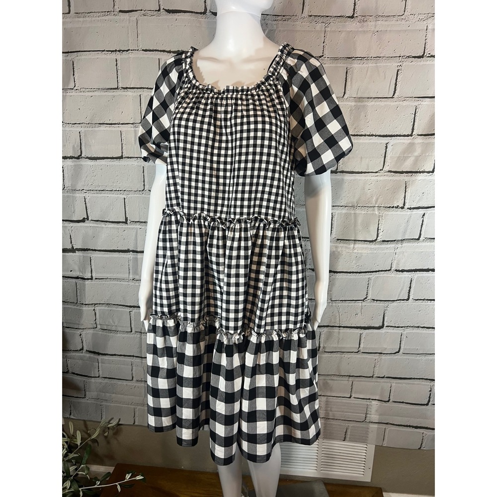 Calista Gingham Tiered Midi Dress Black White Check Puff Sleeve Pockets Small